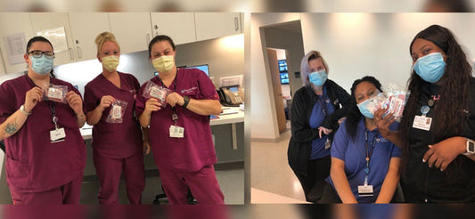 Hospiatl workers posing with their frankford chocolate