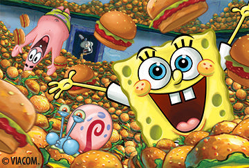 A graphic of Spongebob squarepants, Gary, patrick and squidward swimming in gummy krabby patties