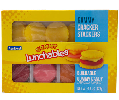 yellow box of gummy lunchables cracker stacker on white background