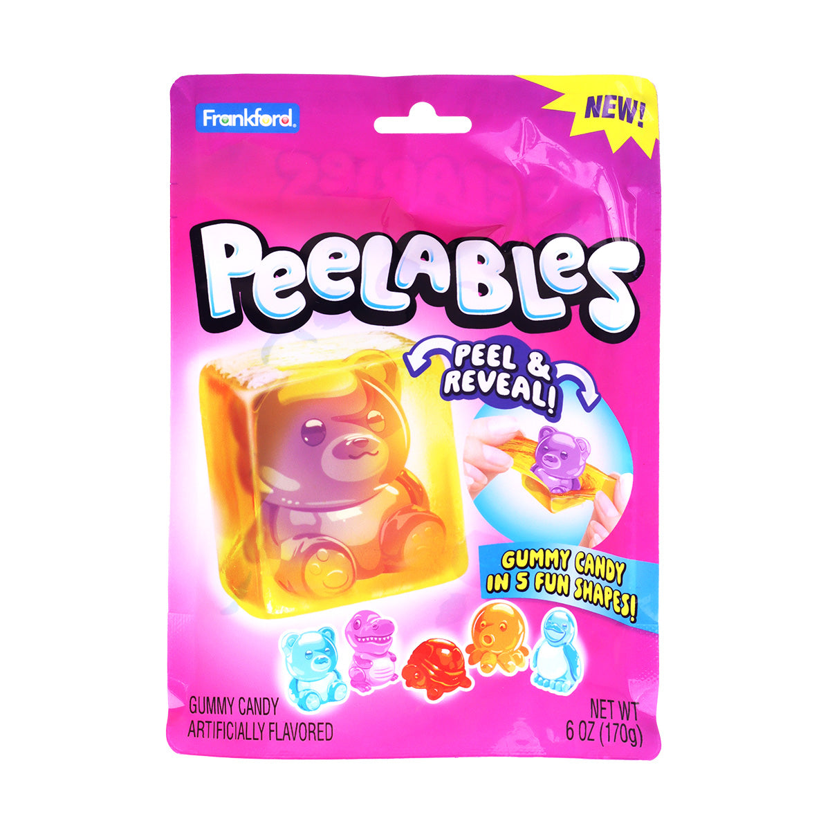 Peelables bag with gummy candy animals inside on white background