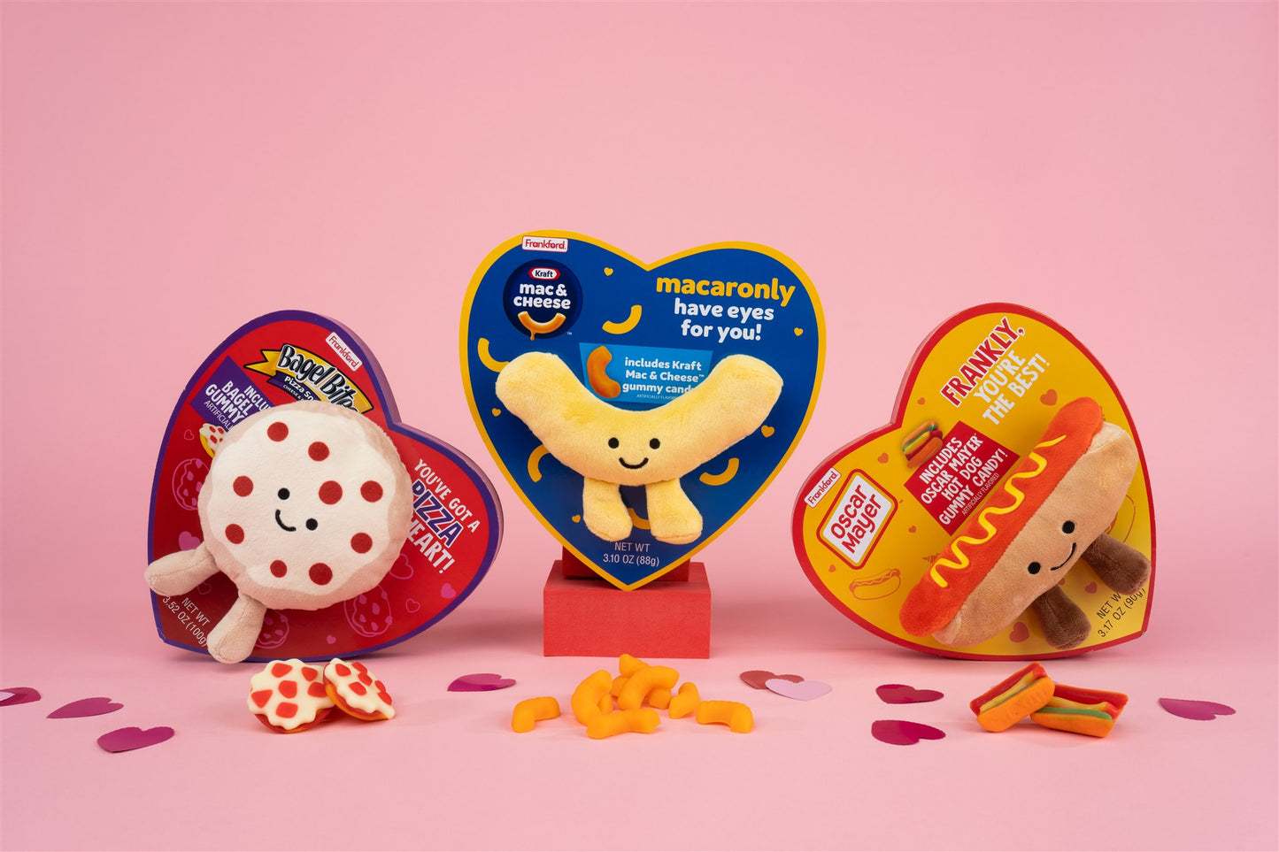 Bagel Bites Kraft Mac and Chese and Oscar Meyer heart boxes with plushies and gummies displayed
