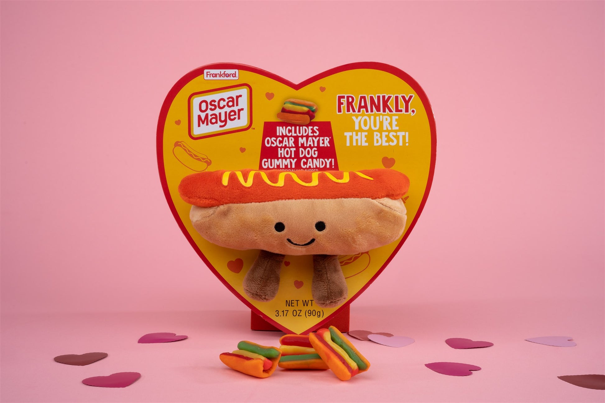 Hot dog heart box with attached hot dog plushy and gummy hot dogs in front