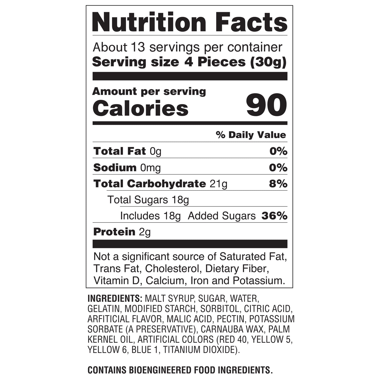Nutrition facts found on the back of purple bag of 50 individual packed gummies.
