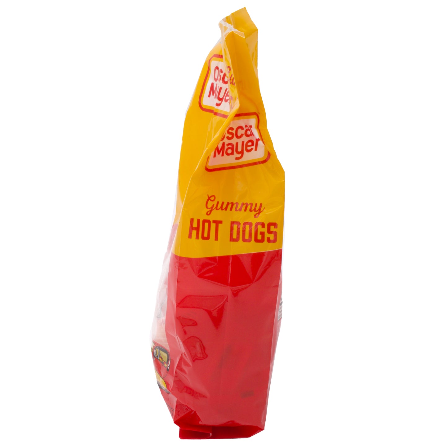 side view of Oscar Mayer gummy candy hot dogs bag