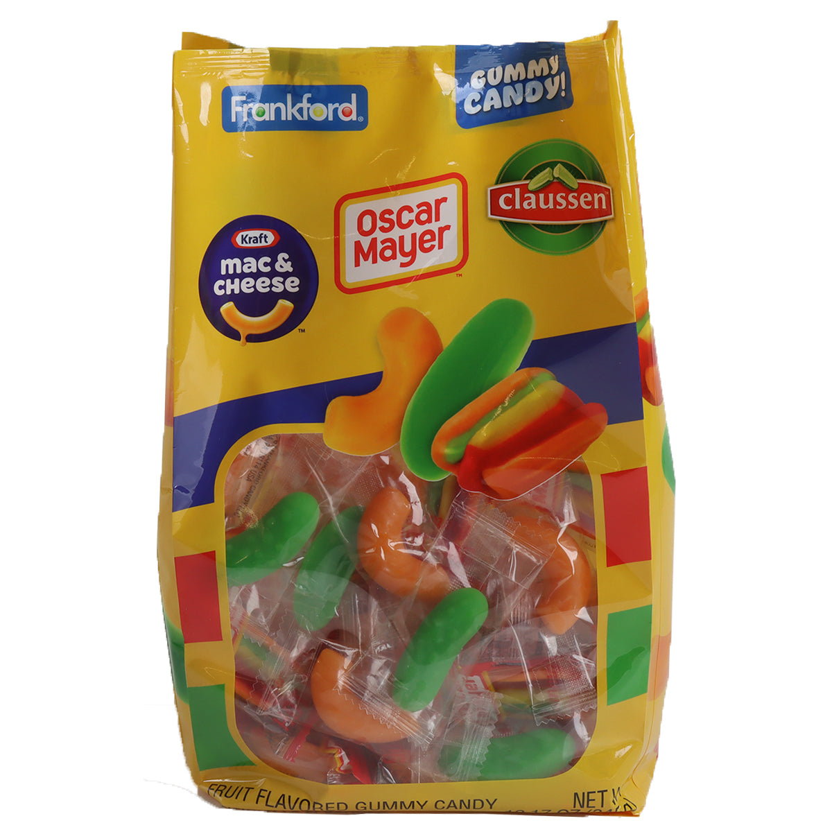 yellow standup bag with individually wrapped gummy pickles, gummy mac and cheese, and gummy hot dogs