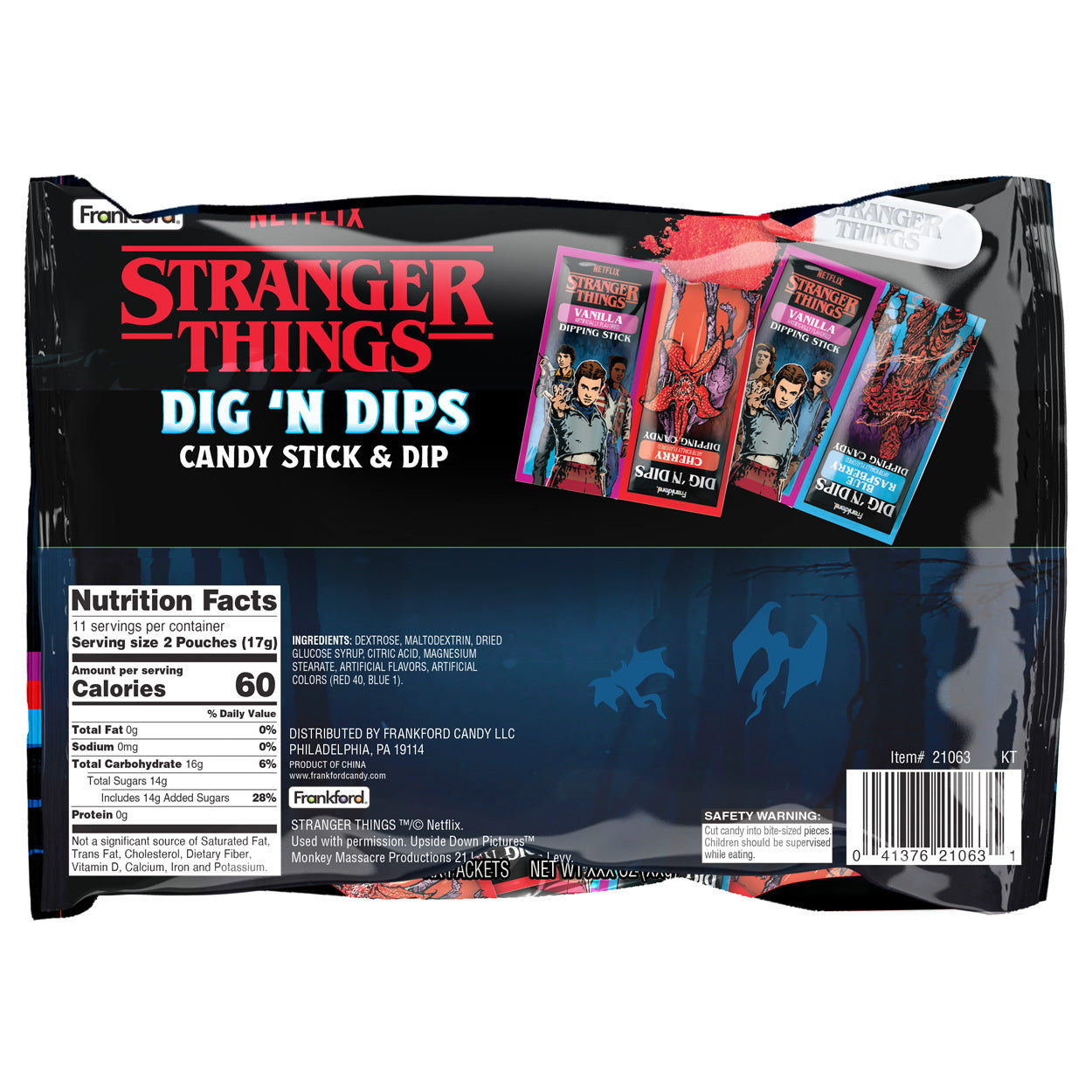 Back of Stranger Things Dig 'N Dips bag with nutritional facts and ingredients