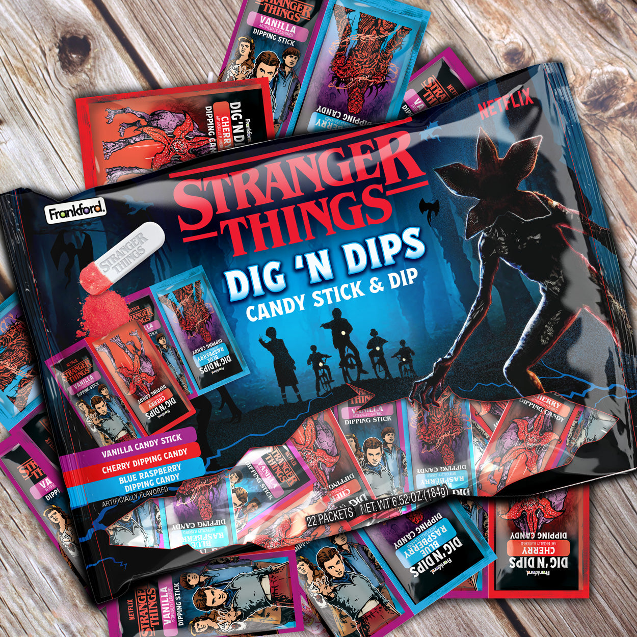 Stranger Things Dig 'n Dips on a wooden background