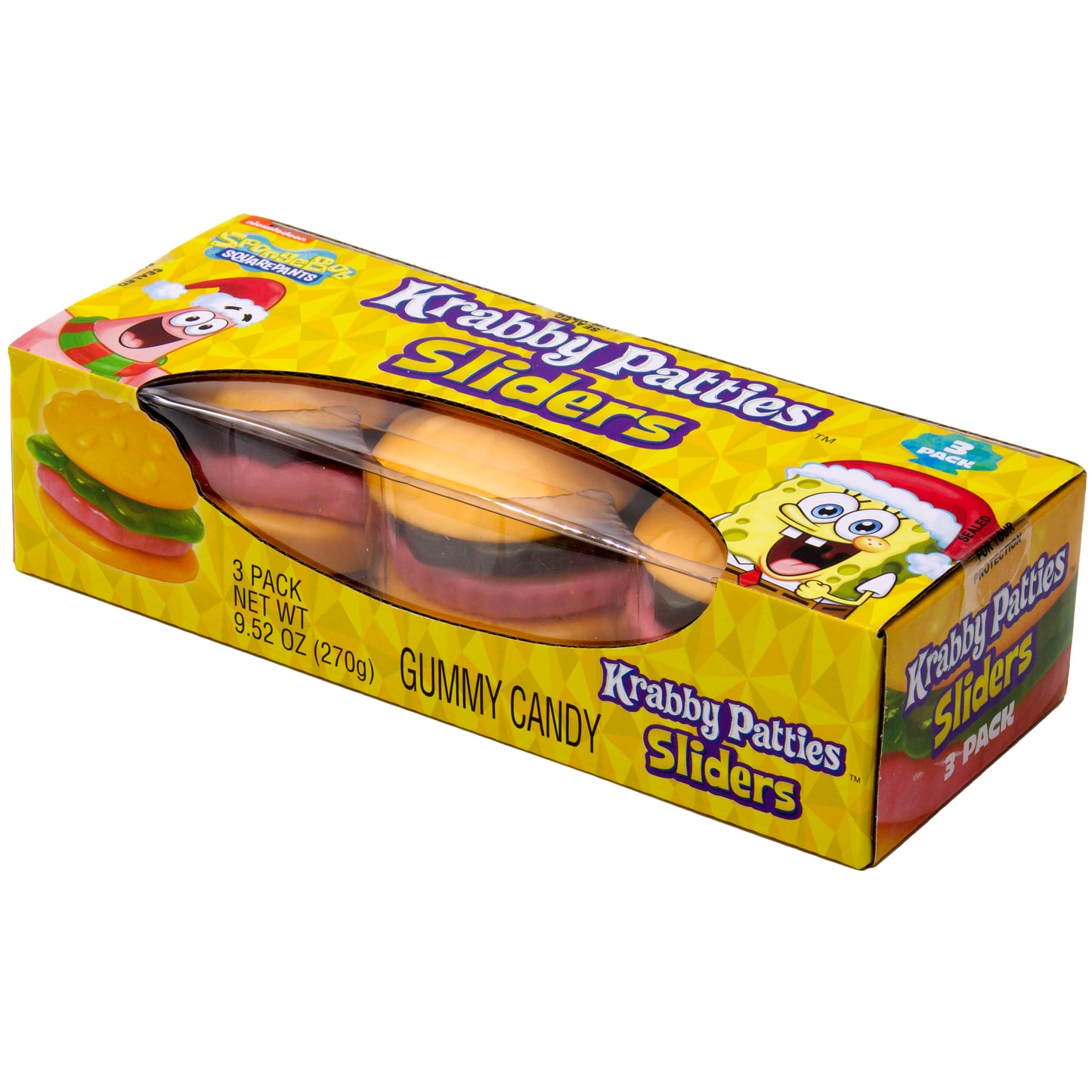 3-pack box of large krabby patties sliders gummies