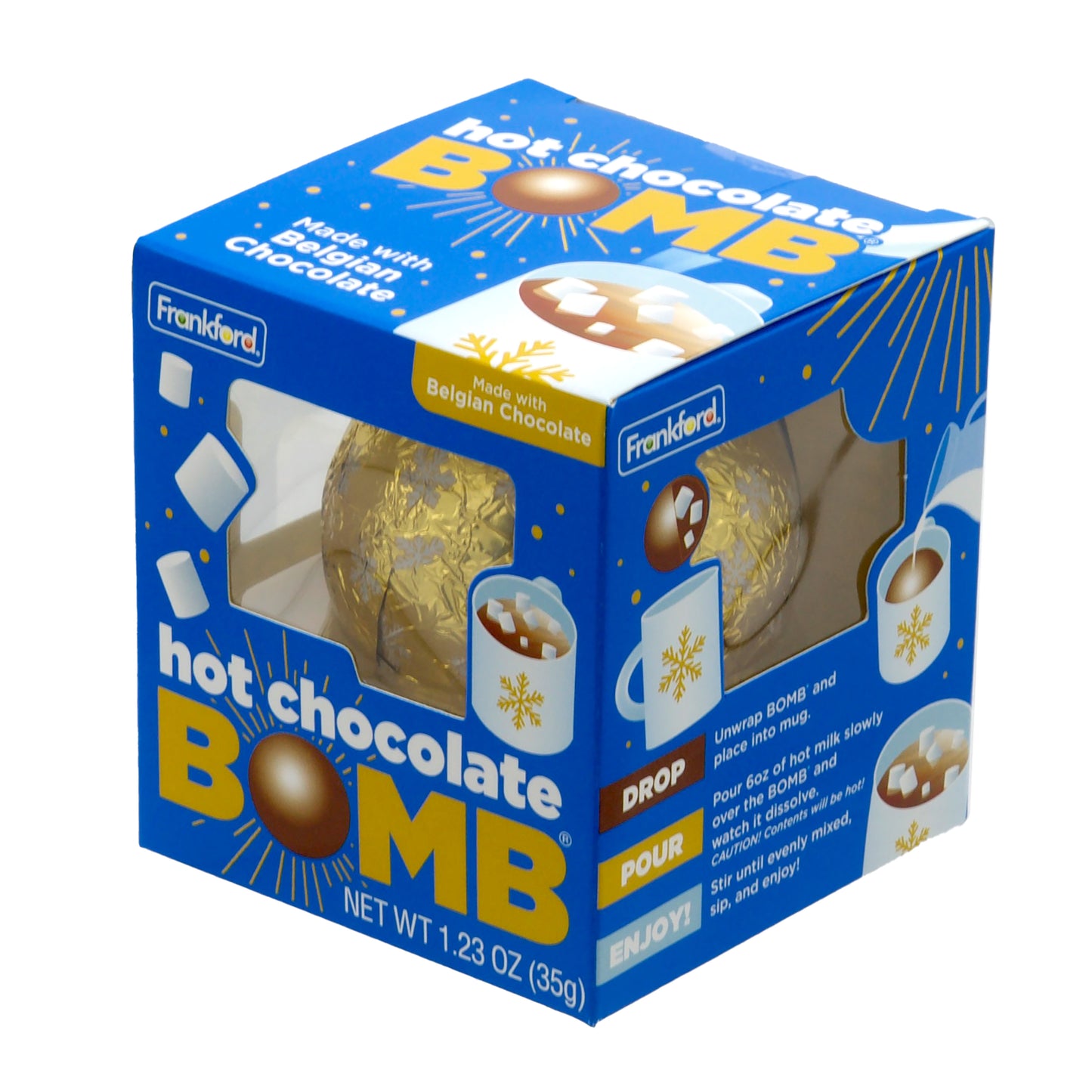 Hot chocolate bomb packaging with blue box and gold foil bomb