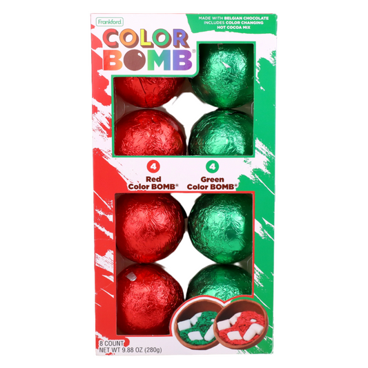 Packaging displaying 4 red, and 4 green individually wrapped color hot cocoa bombs.