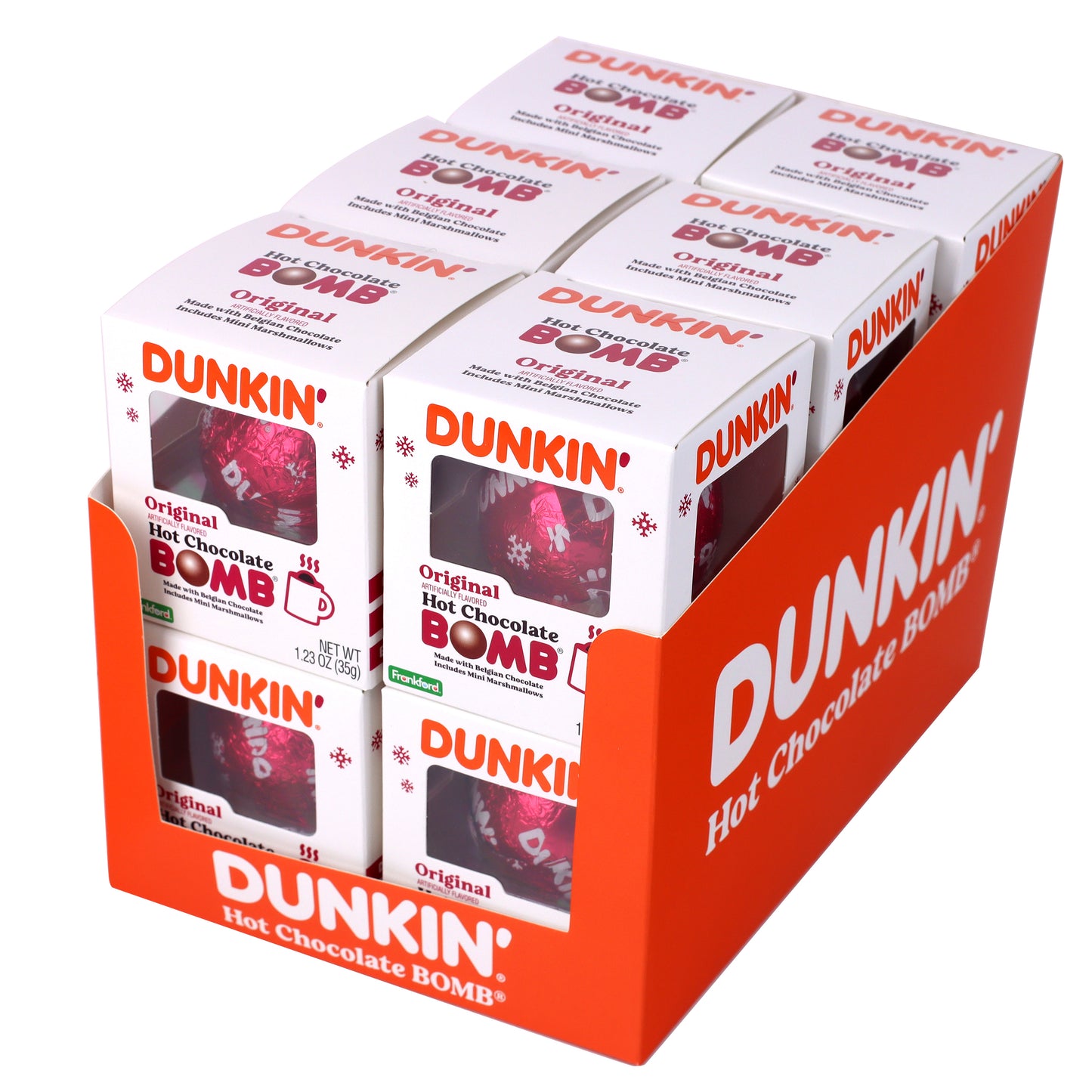 Display of Dunkin' Hot Chocolate Bombs packaging on a white background