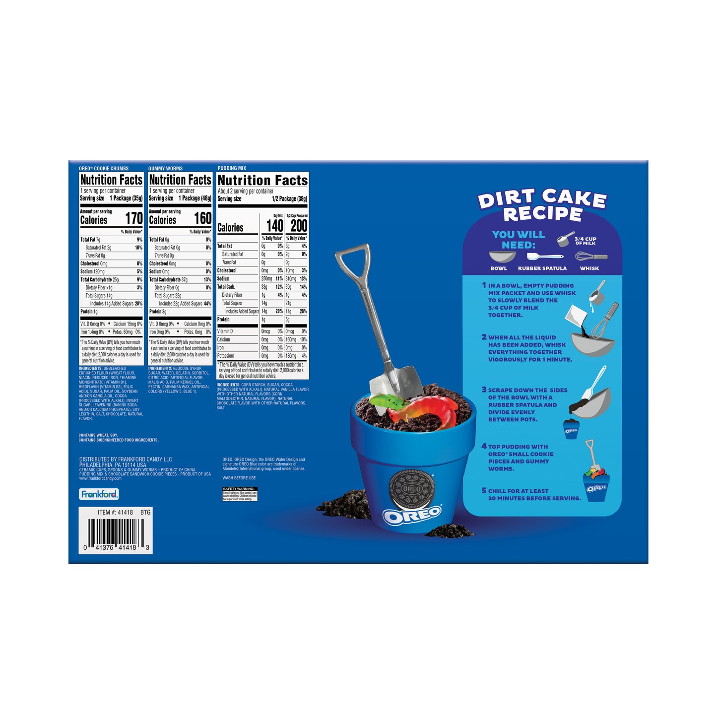 Oreo cookie package with blue background, dirt cake recipe, and Oreo branding.