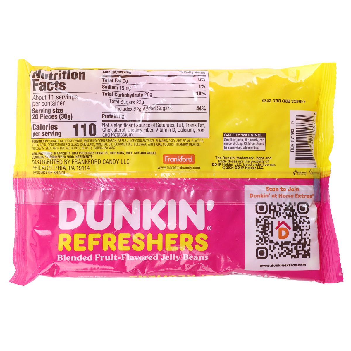 Back of dunkin' refreshers jelly beans bag