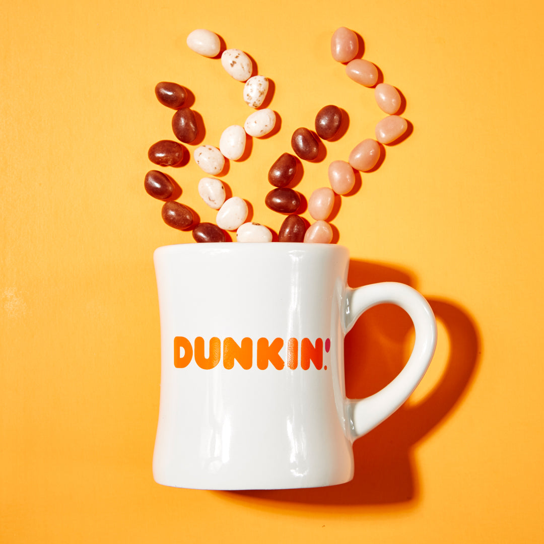 white dunkin' mug with jelly beans