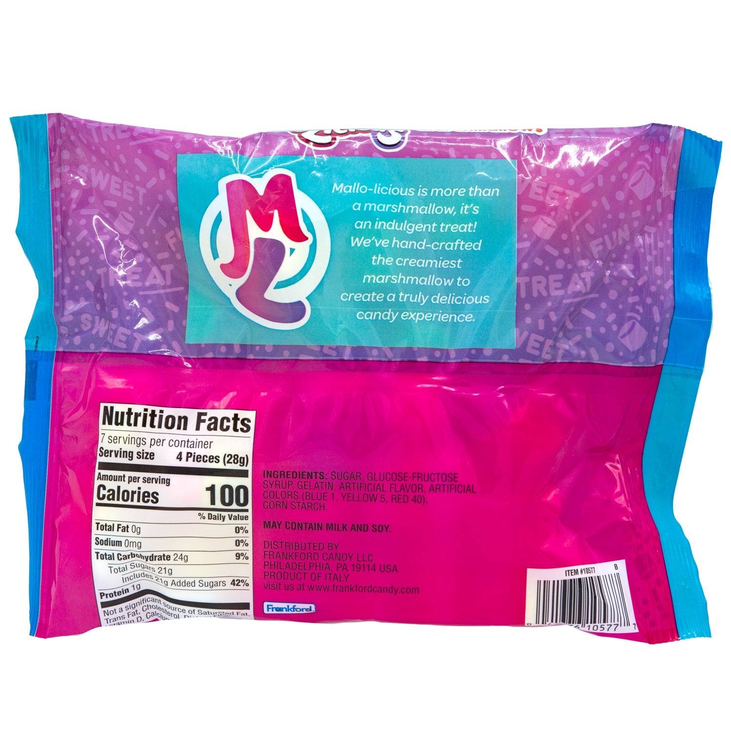 Back of purple, pink, and blue bag with nutrition facts and ingredients