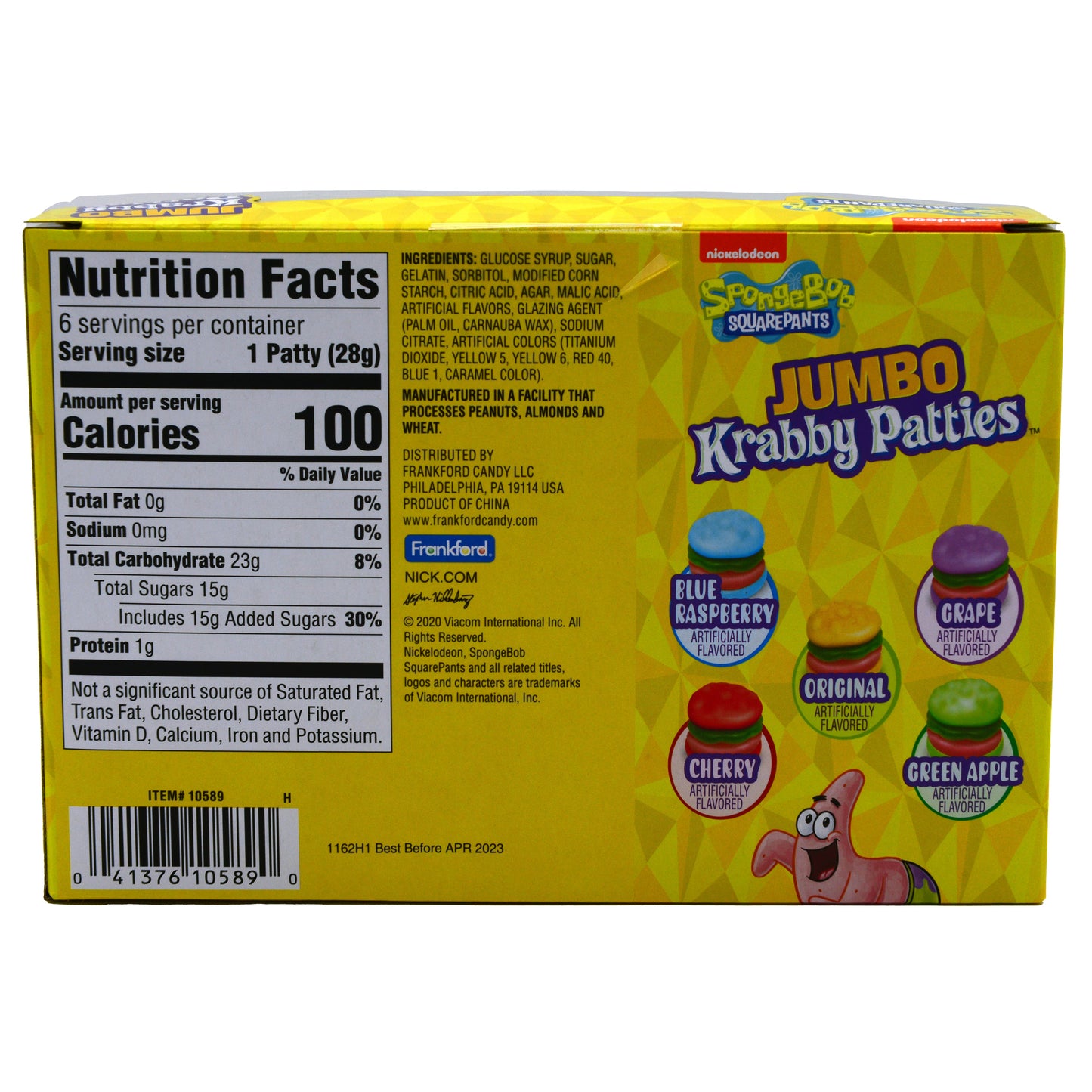 back of yellow box with colors and flavors, nutrition facts, and ingredients