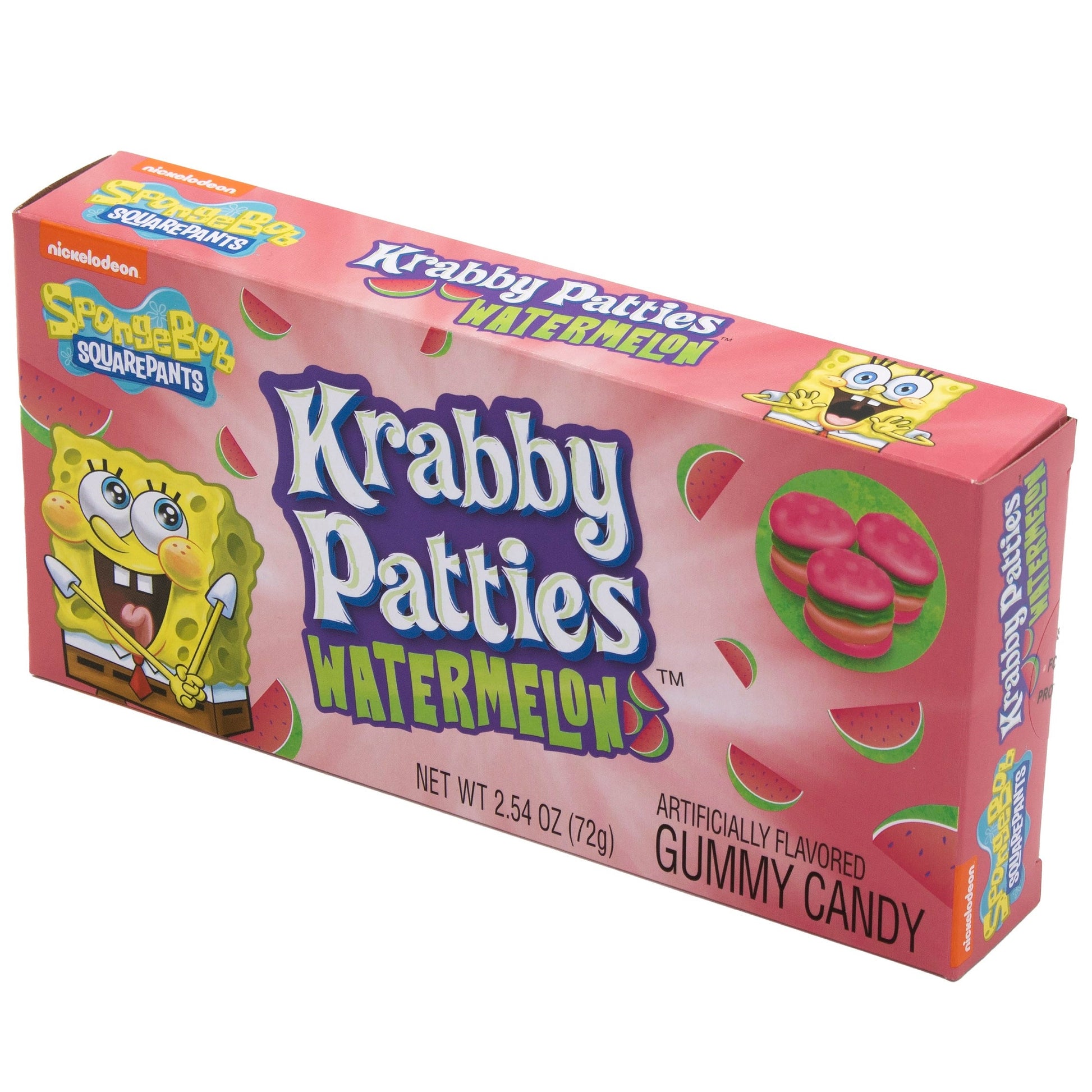 angled view of the Krabby Patties watermelon gummy candy 