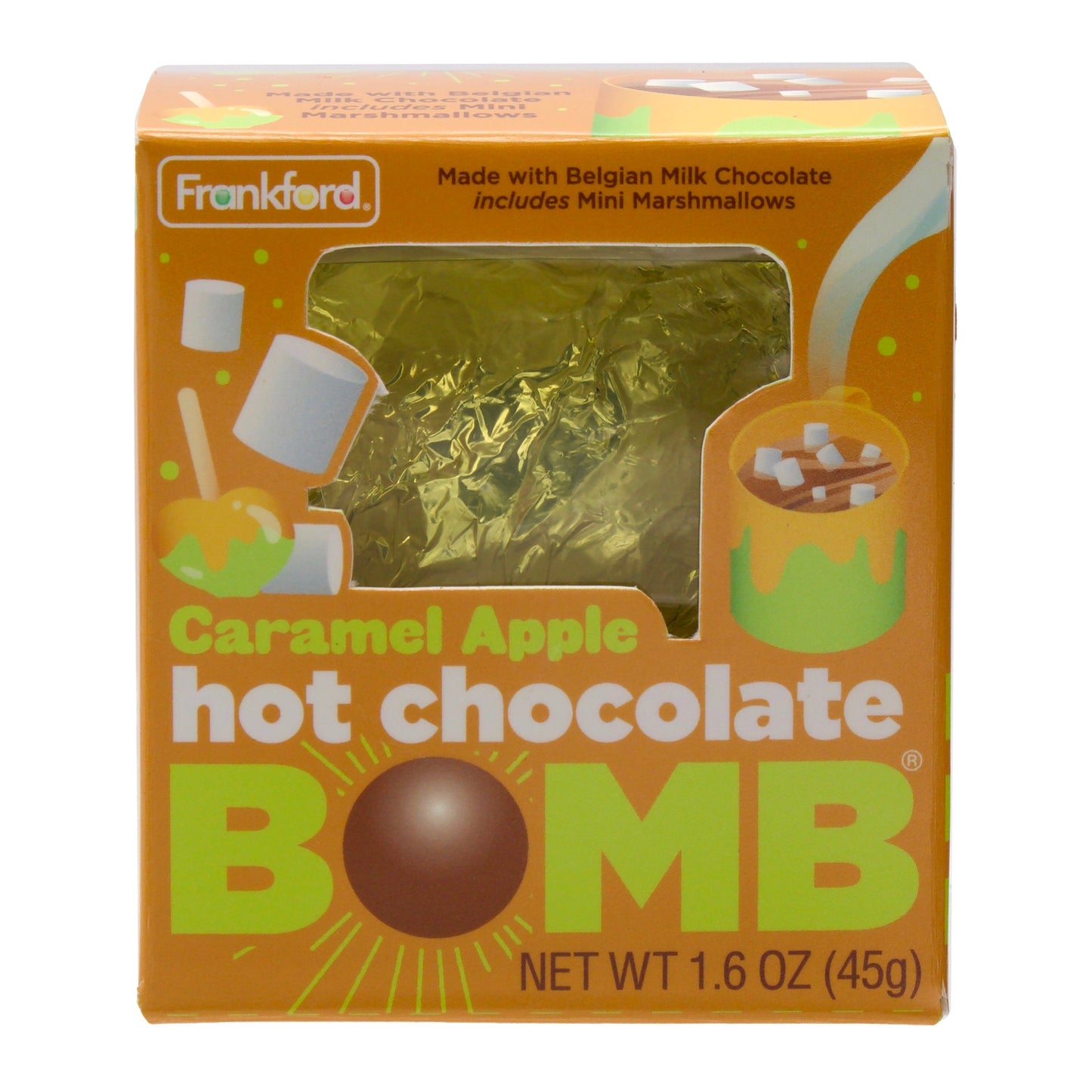 Orange box with 1 gold foil wrapped hot chocolate bomb