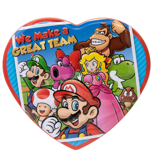 red and blue heart shaped box with mario team illustration and the headline "we make a great team"