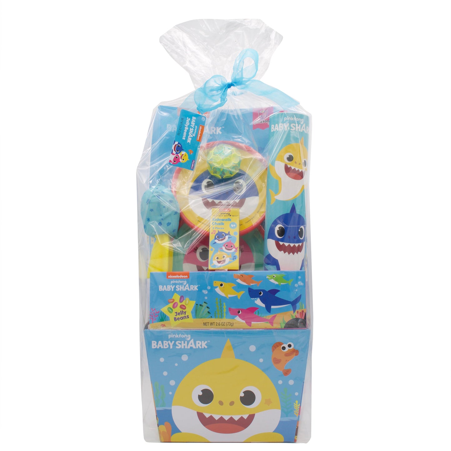 Blue gift basket wrapped in clear plastic wrap and tied with a blue ribbon