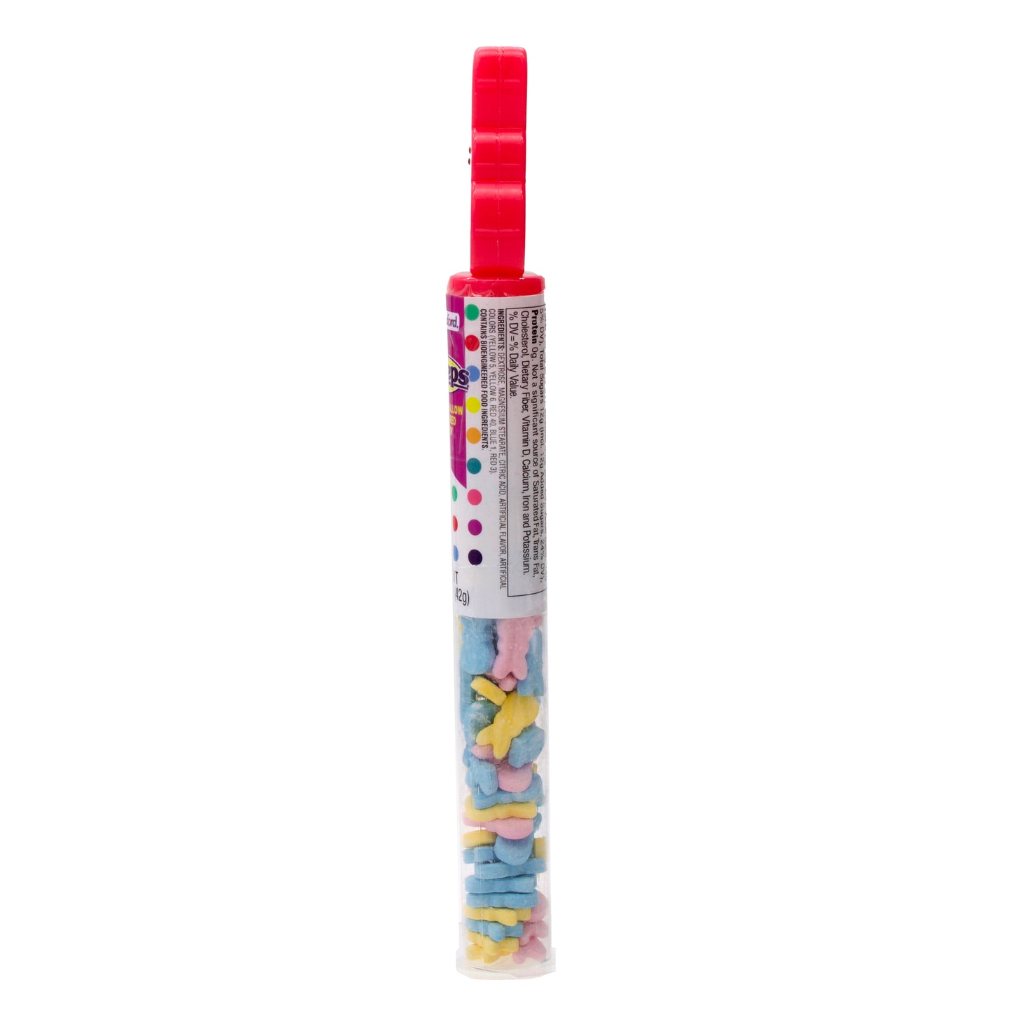 side of clear tube with multi colored hard candies and topped with pink bunny