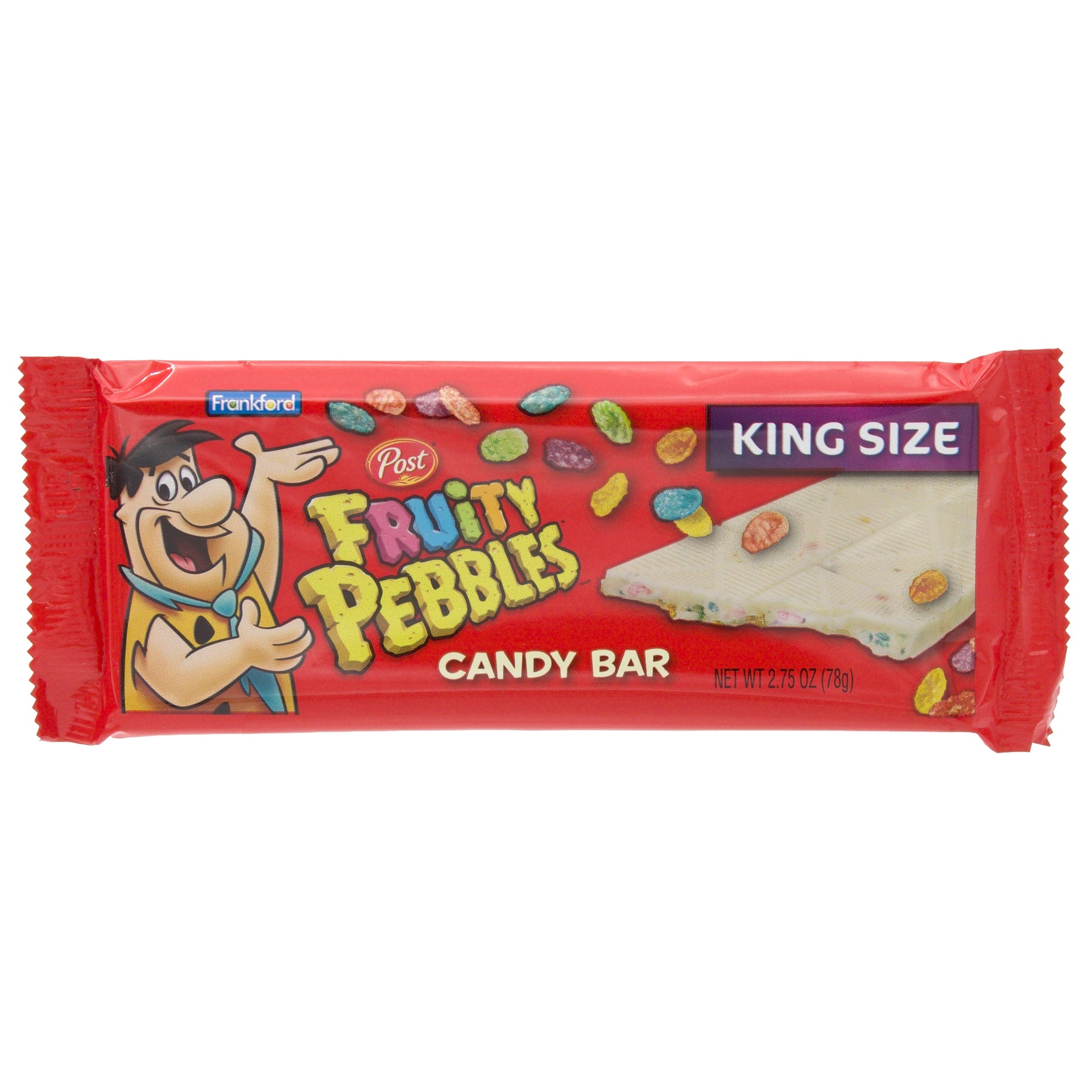 Red candy bar wrapper with fruity pebbles and Fred Flinstone