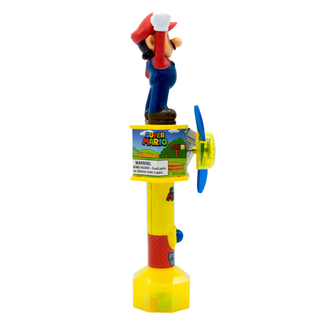 side view of Super Mario Fan with candy inside on a white background