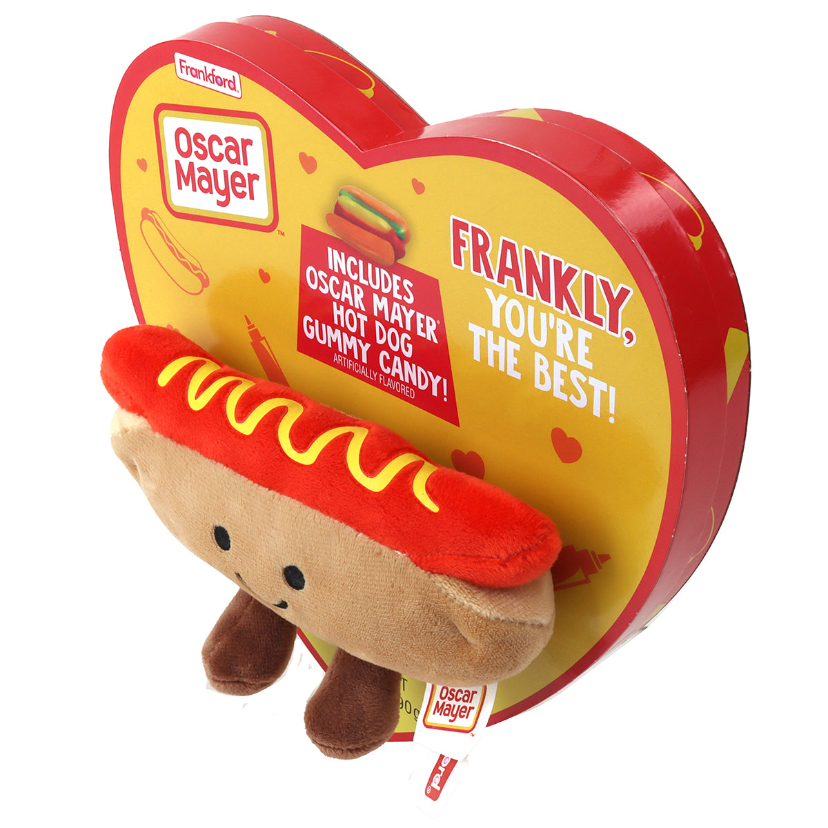 top view of yellow heart shaped box with red border and a hot dog plush on the front