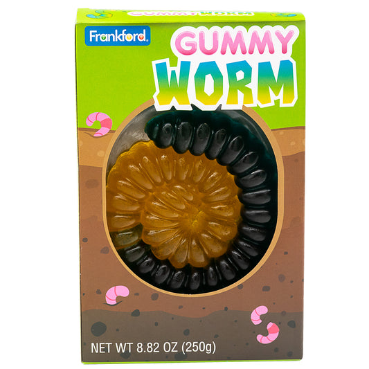 giant green gummy worm in brown and green box