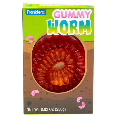 giant red gummy worm in brown and green box