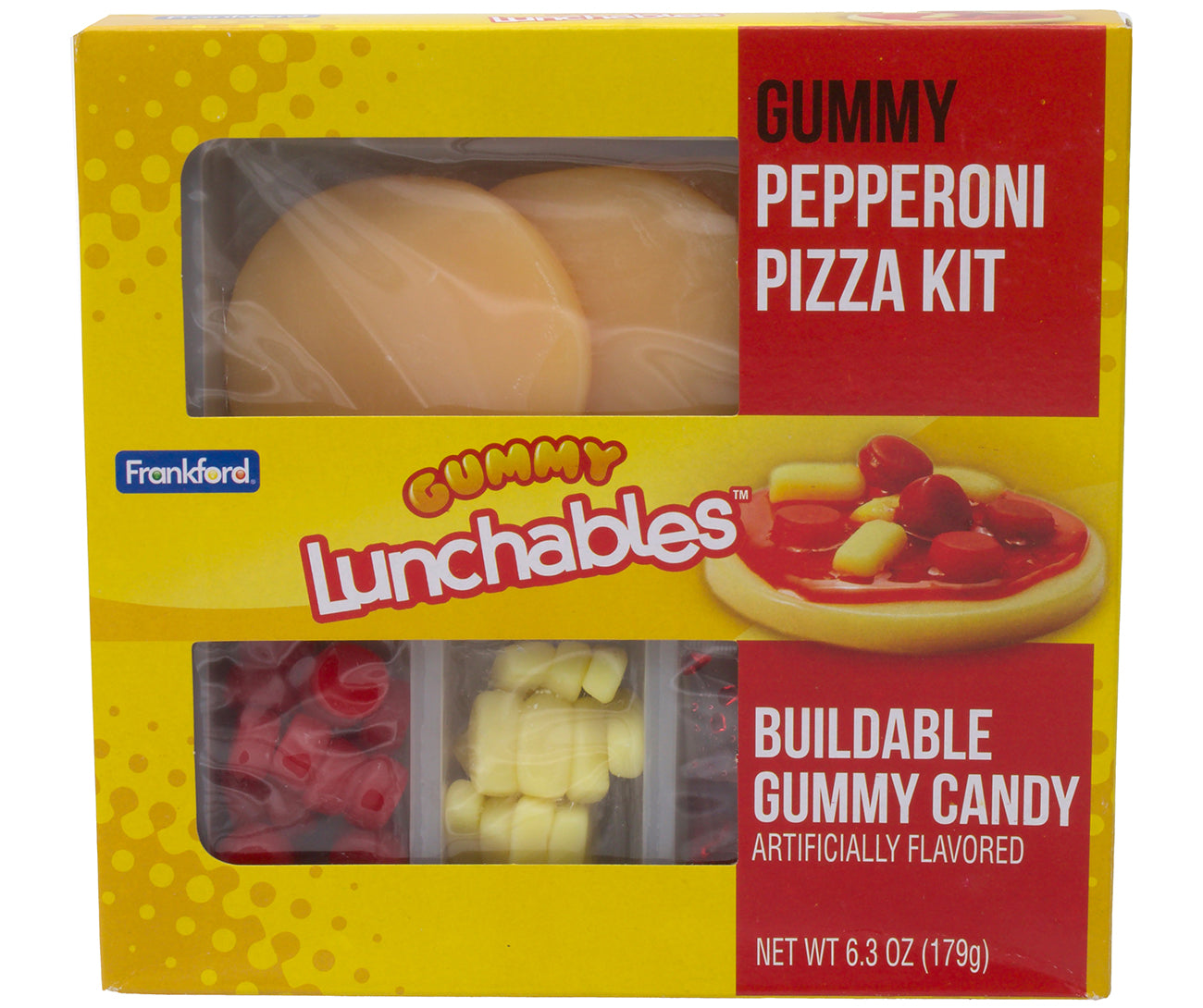 yellow box of gummy lunchables pepperoni pizza kit on white background
