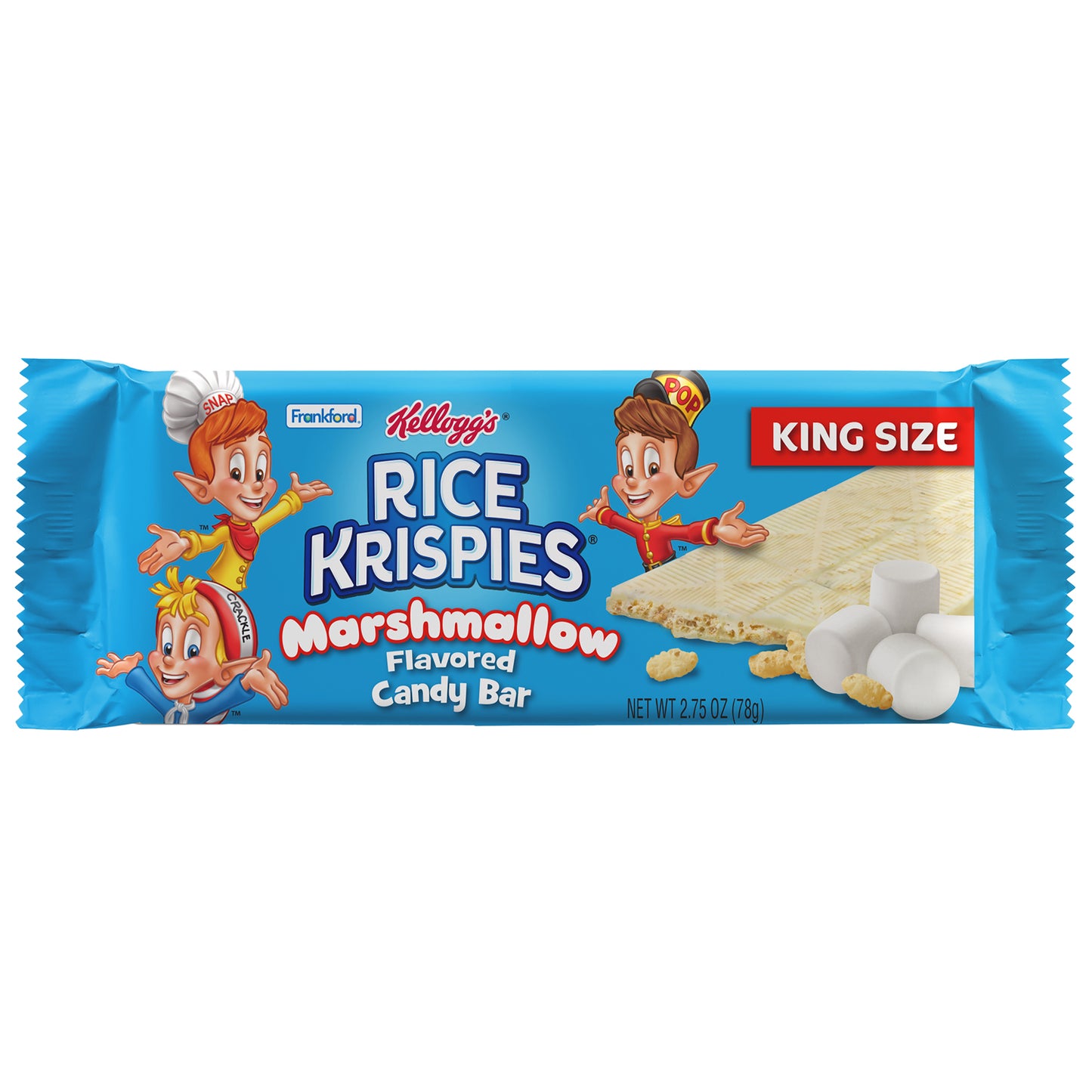 Blue candy bar wrapper with Rice Krispies carton mascots Snap, Crackle, and Pop