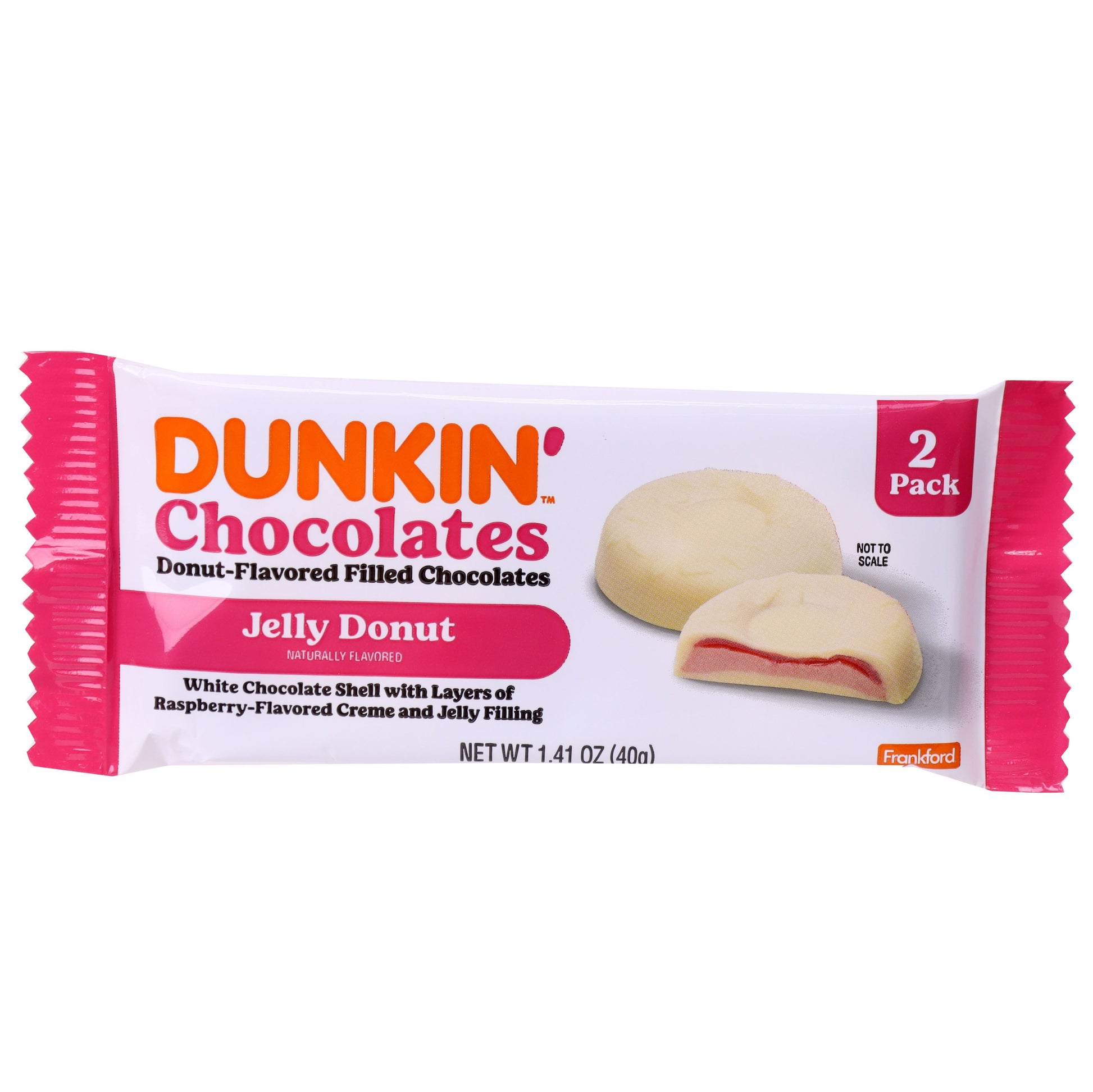 white and pink packaging shows 2 Pack of Dunkin' Jelly Donut Chocolates