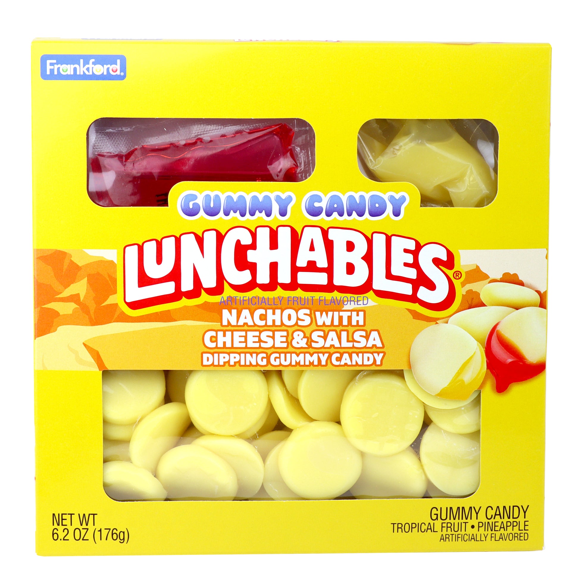 Yellow box featuring lunchables gummy nachos with candy dipping sauces