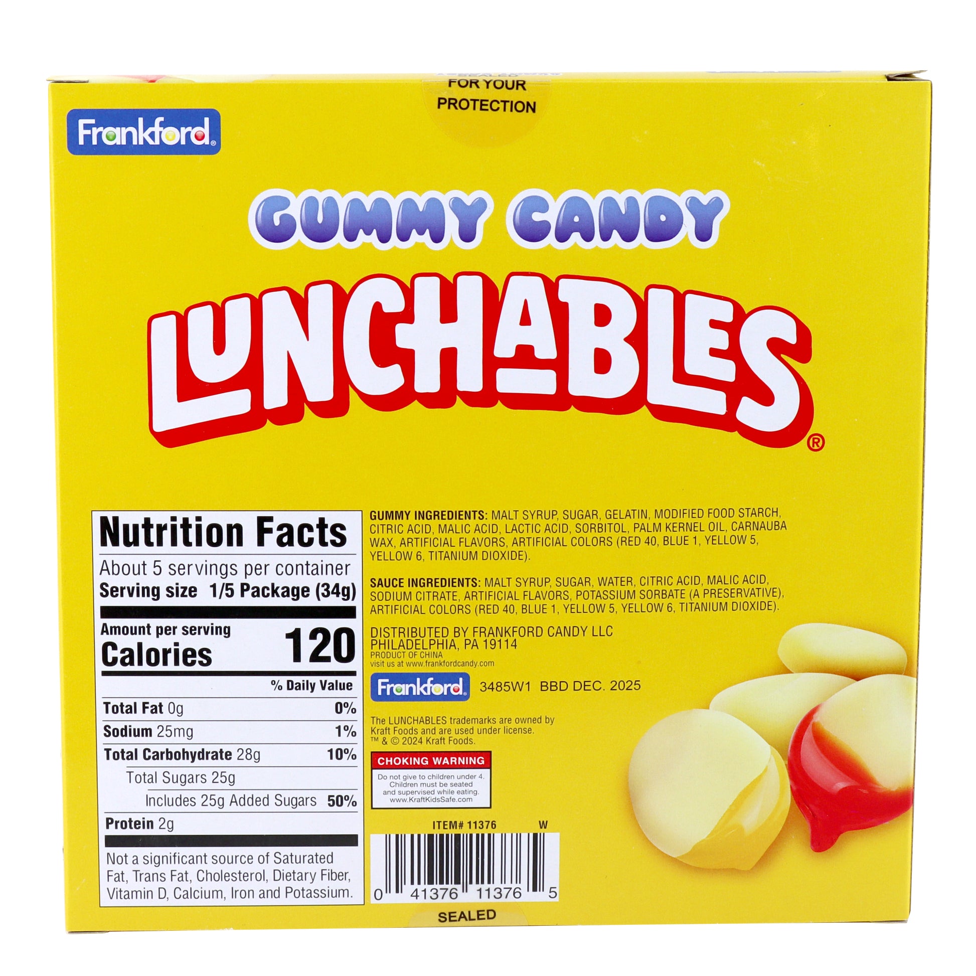 Yellow box featuring lunchables gummy nachos with candy dipping sauces with nutrition label