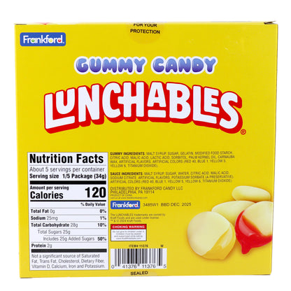 Yellow box featuring lunchables gummy nachos with candy dipping sauces with nutrition label