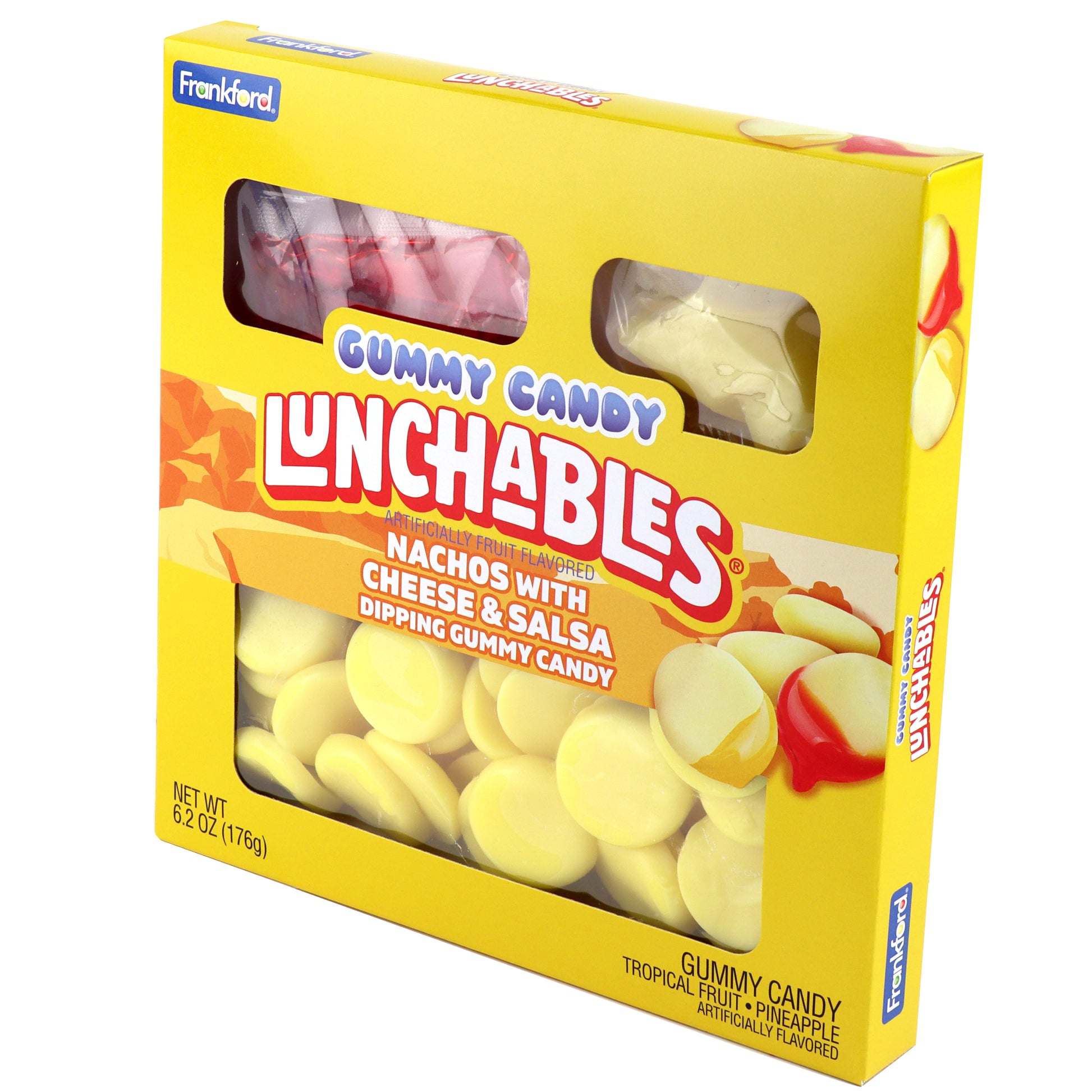 Yellow box featuring lunchables gummy nachos with candy dipping sauces