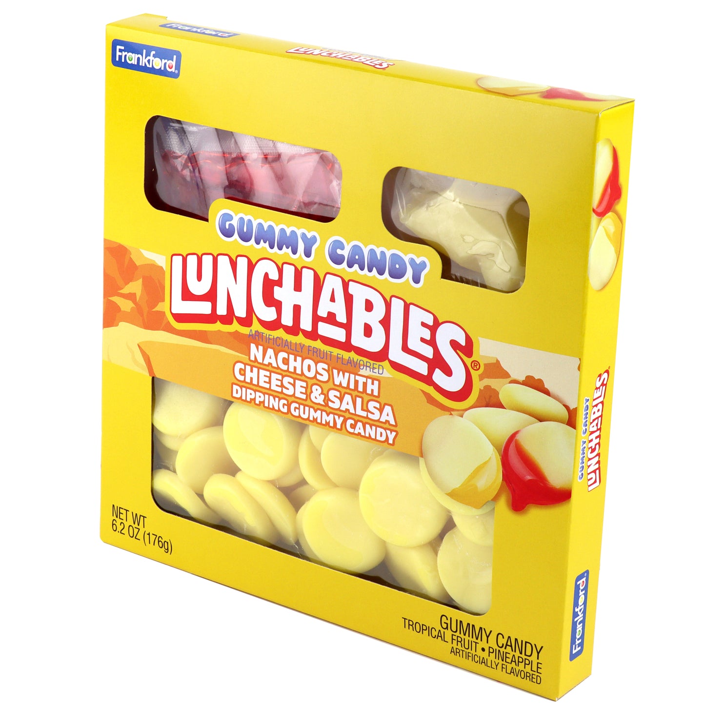 Yellow box featuring lunchables gummy nachos with candy dipping sauces