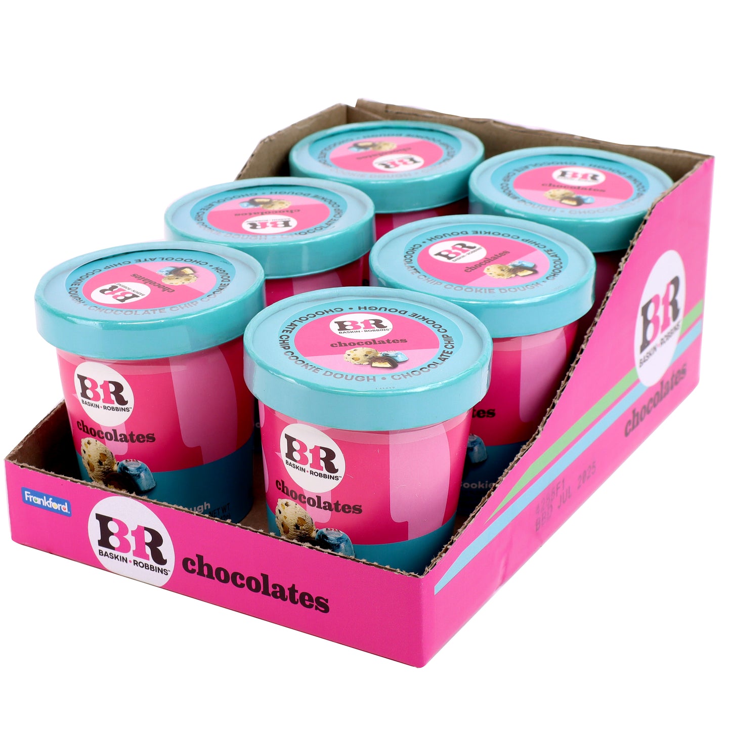 box container with 6 pint containers for cookie dough chocolates