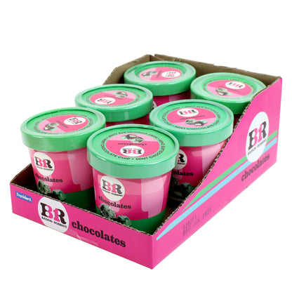 box container with 6 pint containers for mint chocolate chip chocolates