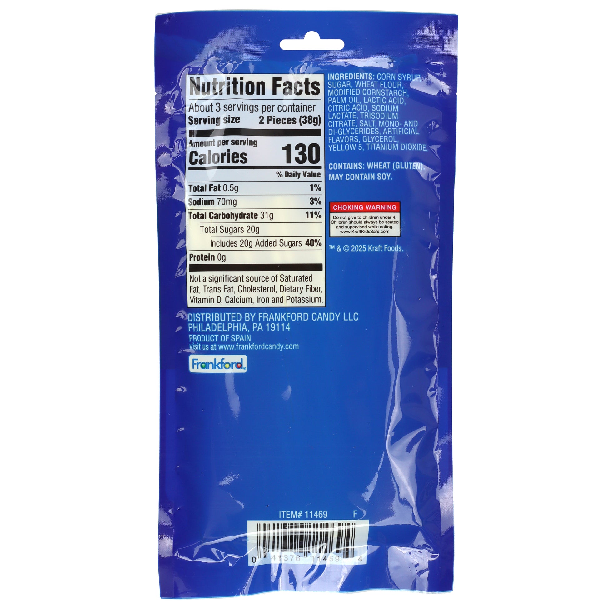 Back of peelable string cheese gummy candy bag with nutrition facts and ingredients 