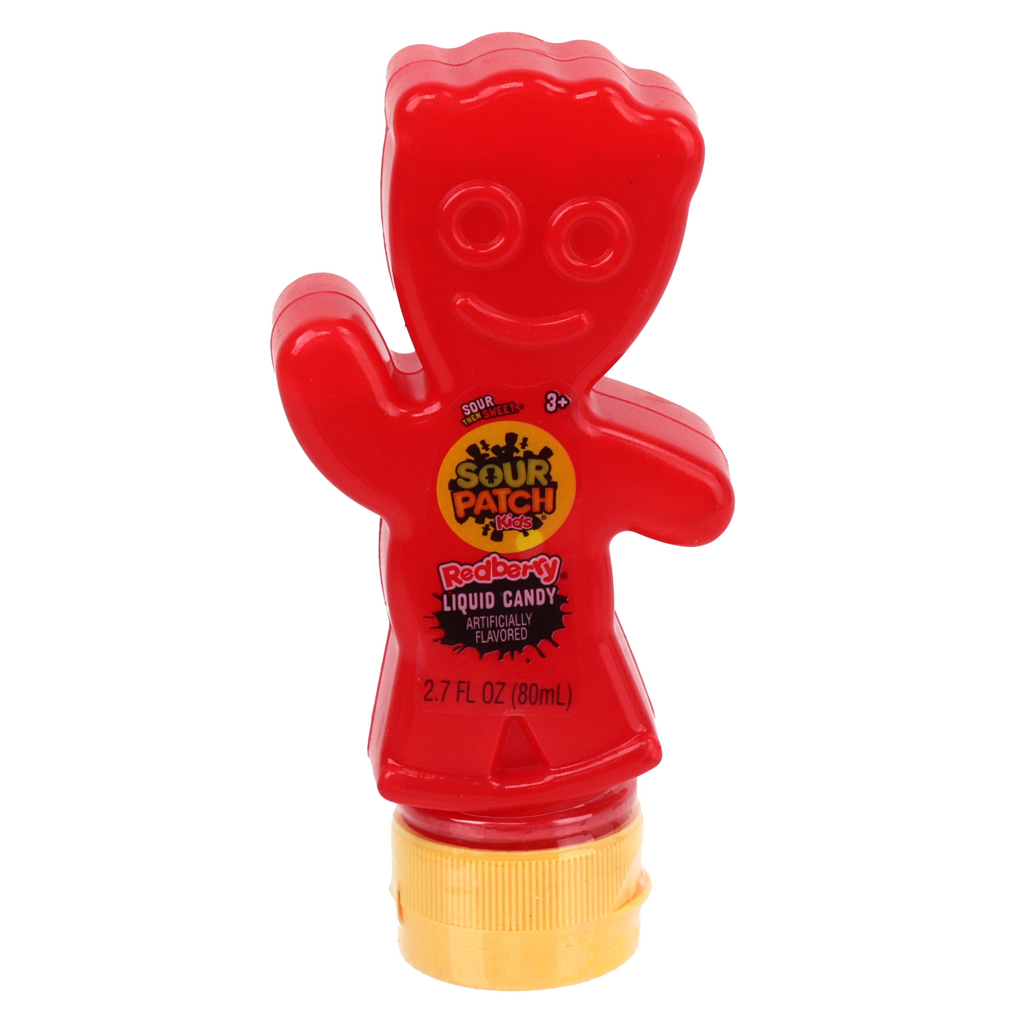 A bottle of Sour Patch Kids Liquid Candy in red color, shaped like a Sour Patch Kids candy character, with a yellow cap.