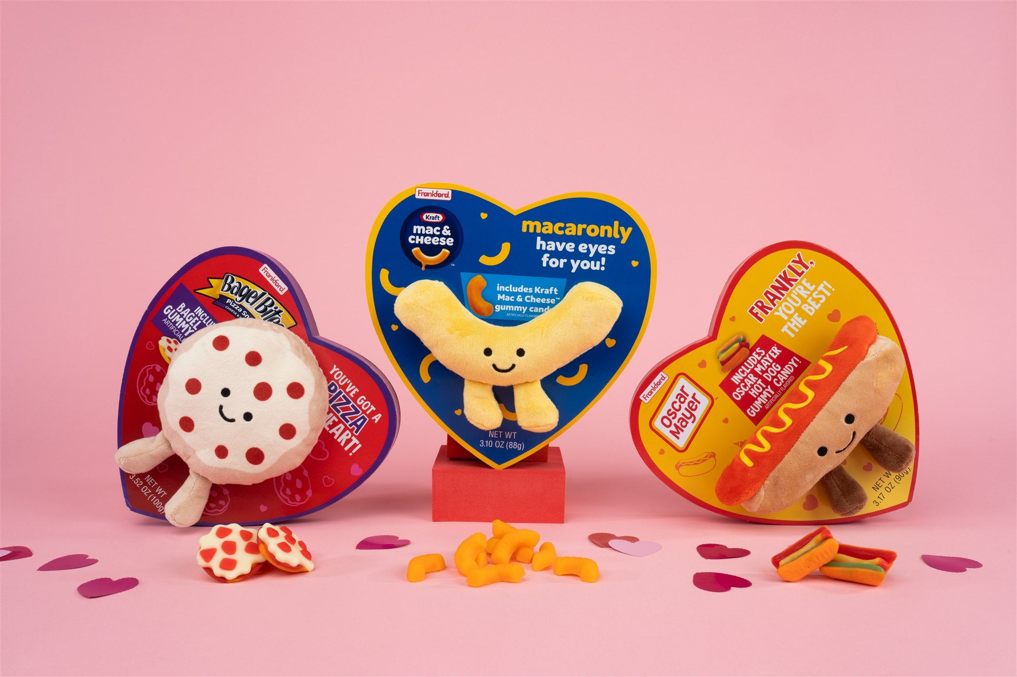 Bagel Bites Kraft Mac and Chese and Oscar Meyer heart boxes with plushies and gummies displayed 