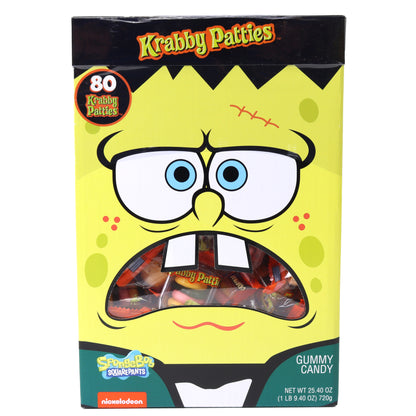 box decorated with frankenstein spongebob filled with individually wrapped krabby patties gummies