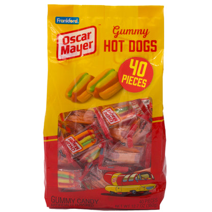 yellow and red bag of Oscar Mayer gummy candy hot dogs
