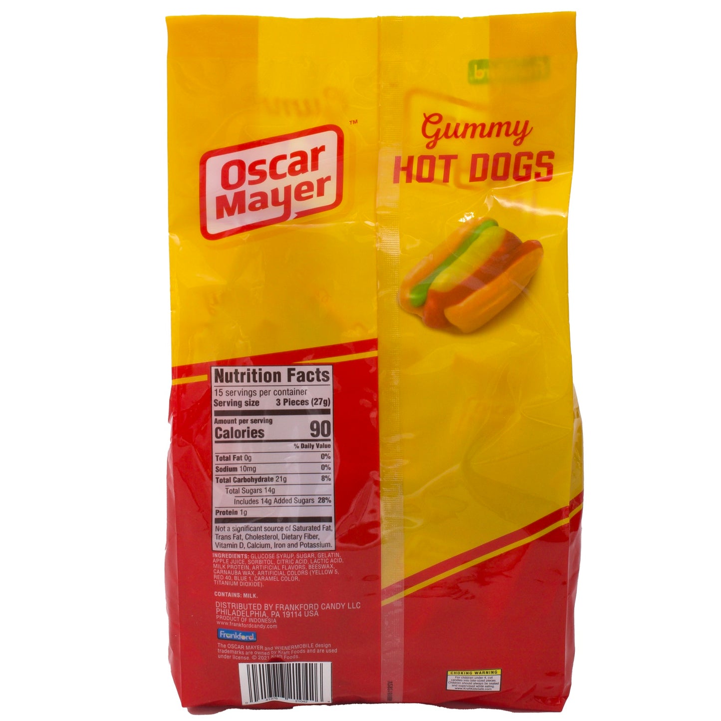 back of Oscar Mayer gummy candy hot dog bag with Nutrition facts