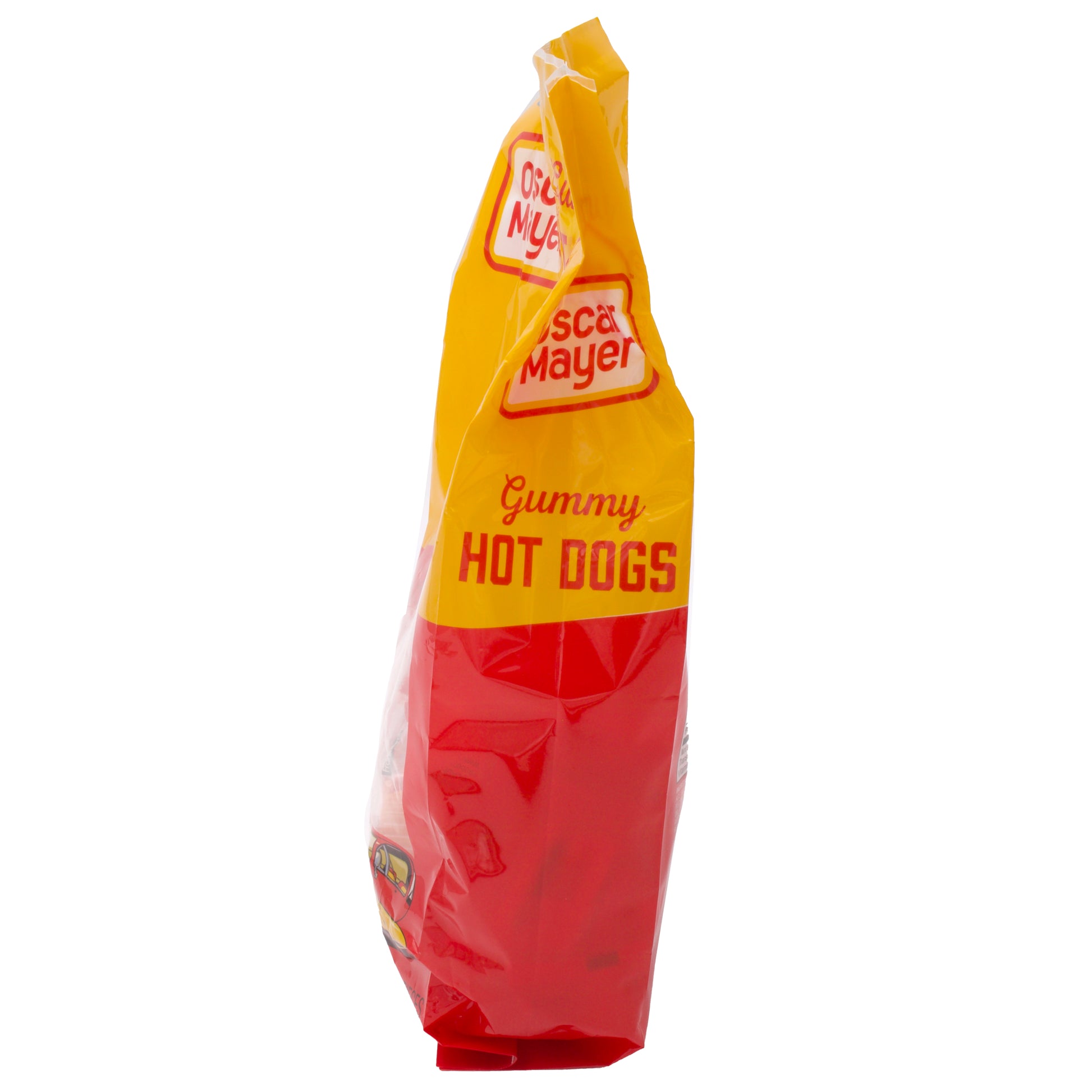 side view of Oscar Mayer gummy candy hot dogs bag