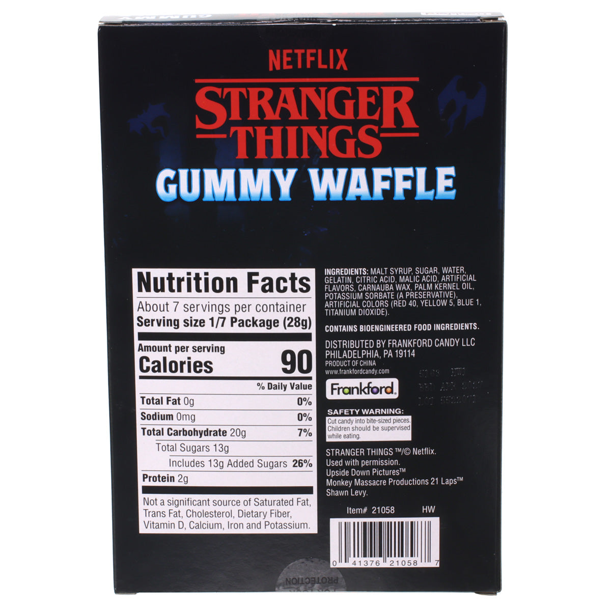 Stranger Things gummy waffle package with Netflix branding and nutrition facts.