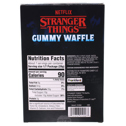 Stranger Things gummy waffle package with Netflix branding and nutrition facts.