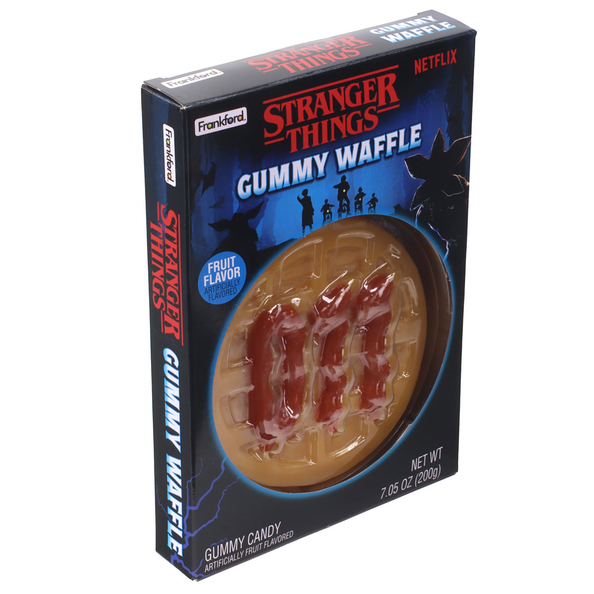 Stranger Things gummy waffle candy packaging with a blue and black design.